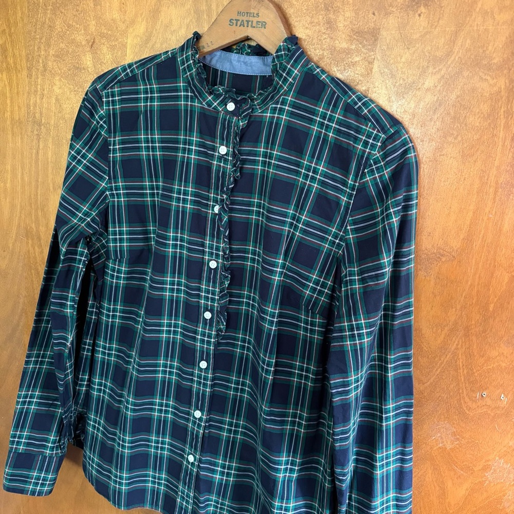Talbots Green Blue Plaid Button Down Blouse Top 12 Ruffle High Neck Modest Fall - Picture 3 of 15
